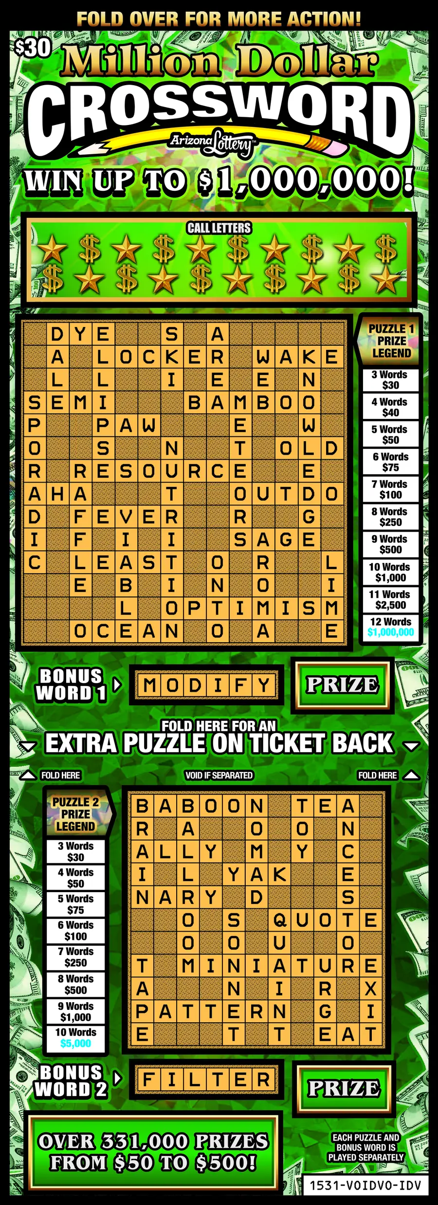 Million Dollar Crossword Arizona scratcher ticket