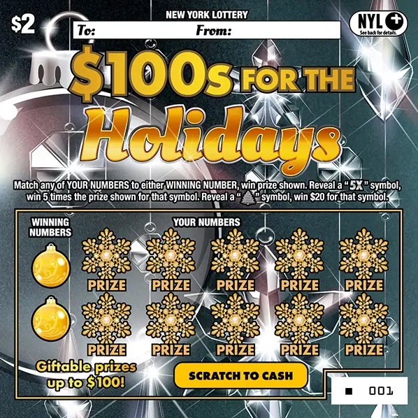 $100s FOR THE HOLIDAYS New York scratch-off ticket
