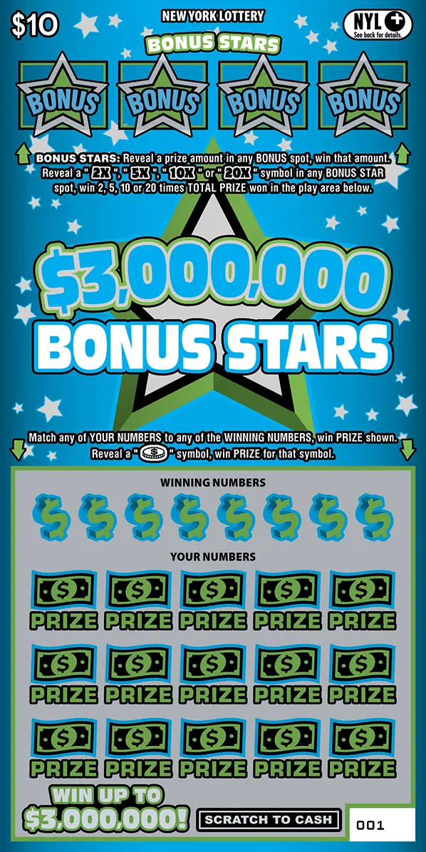 $3,000,000 BONUS STARS New York scratch-off ticket