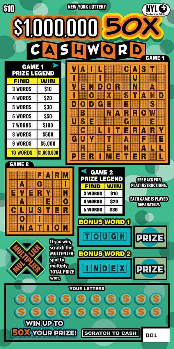 $1,000,000 50X CASHWORD New York scratch-off ticket